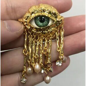 Schiaparelli Inspired Surrealist Evil Eye Brooch Pearl Tassel - NEW